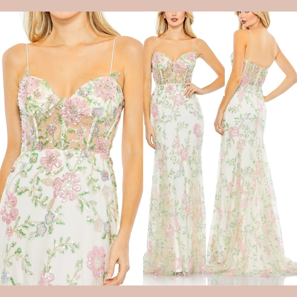 NWT Mac Duggal [ 14 ] 68180 Beaded Floral Corset Sheer Bodice Gown‎ White #S2011